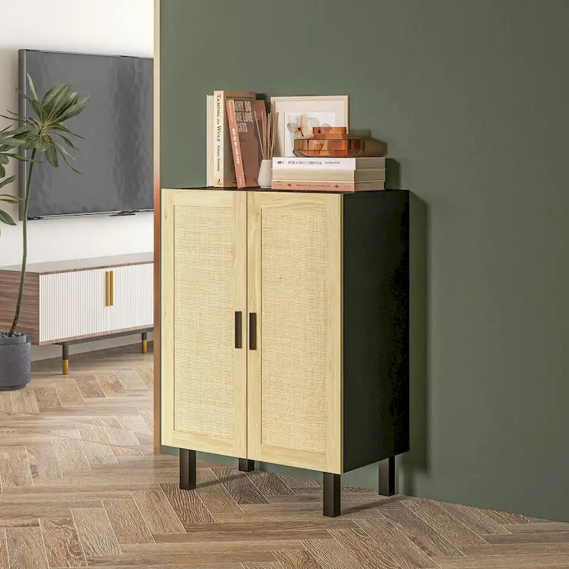 Sideboard-Buffetschrank, Küchenschrank, Kaffeebarschrank mit 2 Rattantüren und verstellbaren Einlegeböden