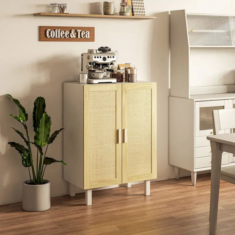 Sideboard-Buffetschrank, Küchenschrank, Kaffeebarschrank mit 2 Rattantüren und verstellbaren Einlegeböden