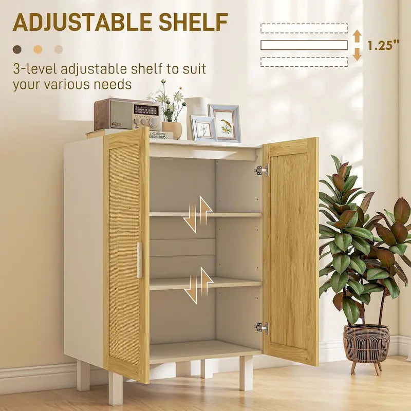 Sideboard-Buffetschrank, Küchenschrank, Kaffeebarschrank mit 2 Rattantüren und verstellbaren Einlegeböden