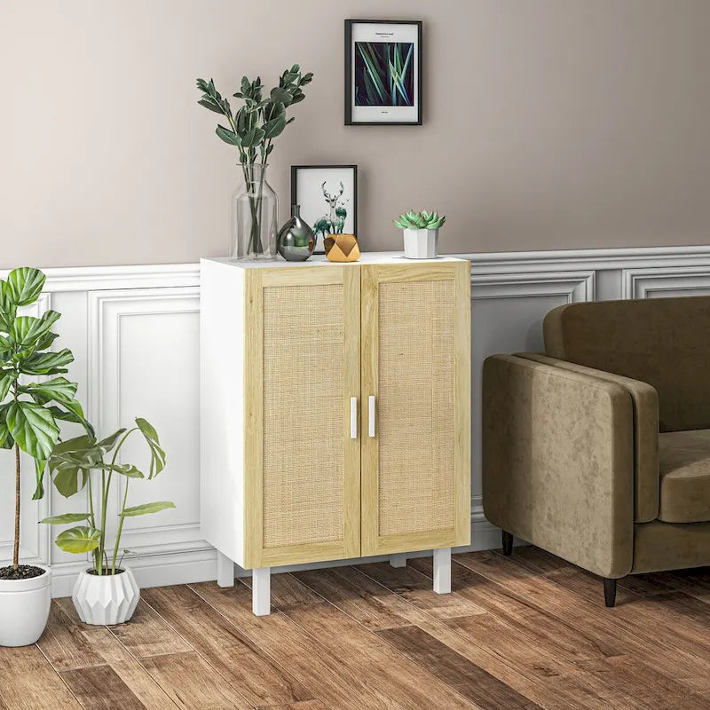 Sideboard-Buffetschrank, Küchenschrank, Kaffeebarschrank mit 2 Rattantüren und verstellbaren Einlegeböden
