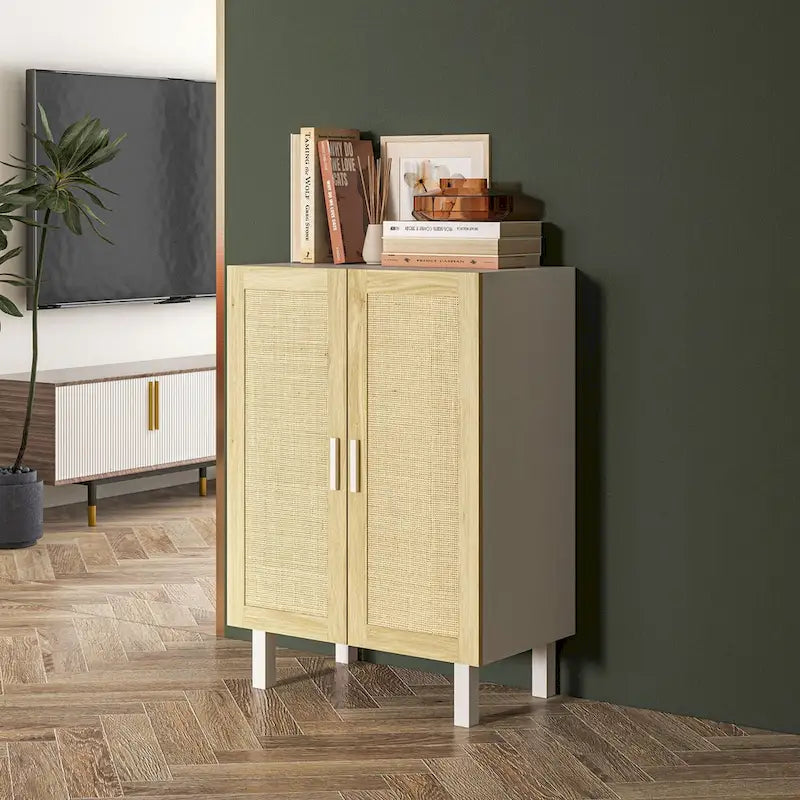 Sideboard-Buffetschrank, Küchenschrank, Kaffeebarschrank mit 2 Rattantüren und verstellbaren Einlegeböden